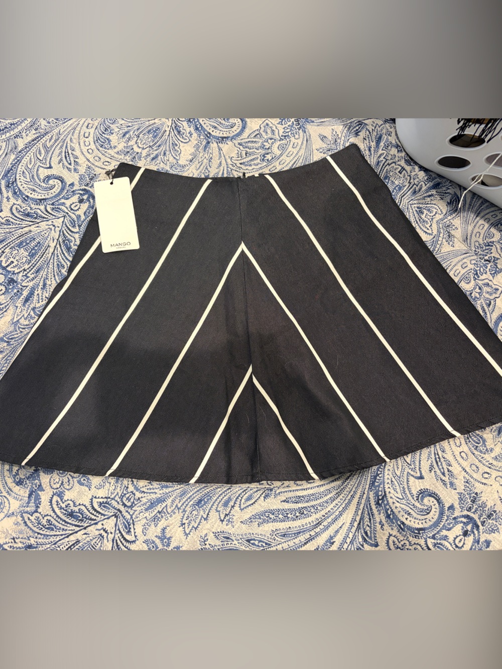 Mango. Black Skater Skirt with White Diagonal Stripes